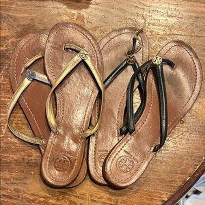 Tory Burch Gold and Black Leather Sandals